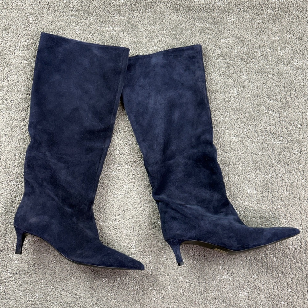 Free People Suede Tall Boots Women 9 Navy Blue Kitten Heel Pointed Toe Chic